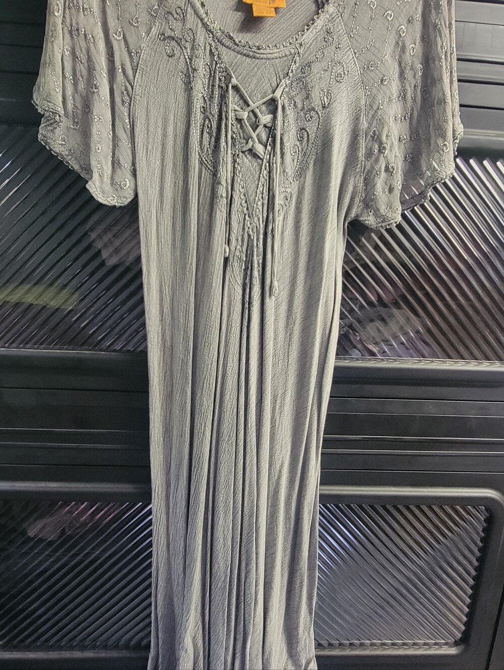 Sakkas Gray Embroidered Lace-Up Dress